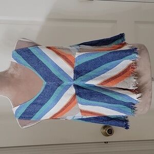 Indigo Rein Size L, BOHO Striped Open Back Linen Sleeveless Top, Fringe Hem, EUC